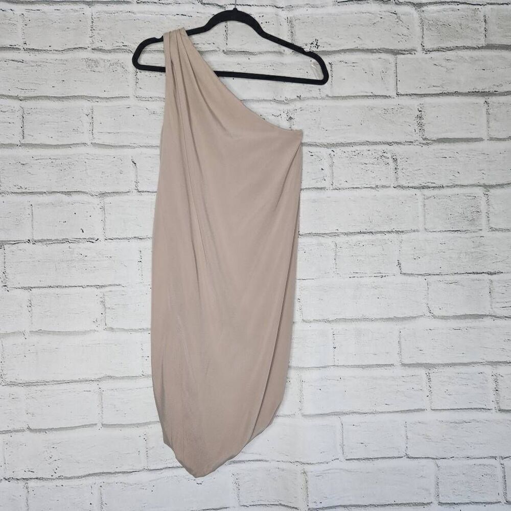 Ramy Brook Beige One Shoulder Mini Dress Bubble Hem 100% Silk Party - Picture 2 of 15